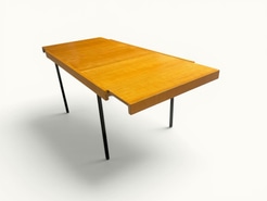 Table à manger extensible ARP Guariche Mortier Motte éditée par Minvielle vers 1960 plaqué frêne piètement métal laqué noir
